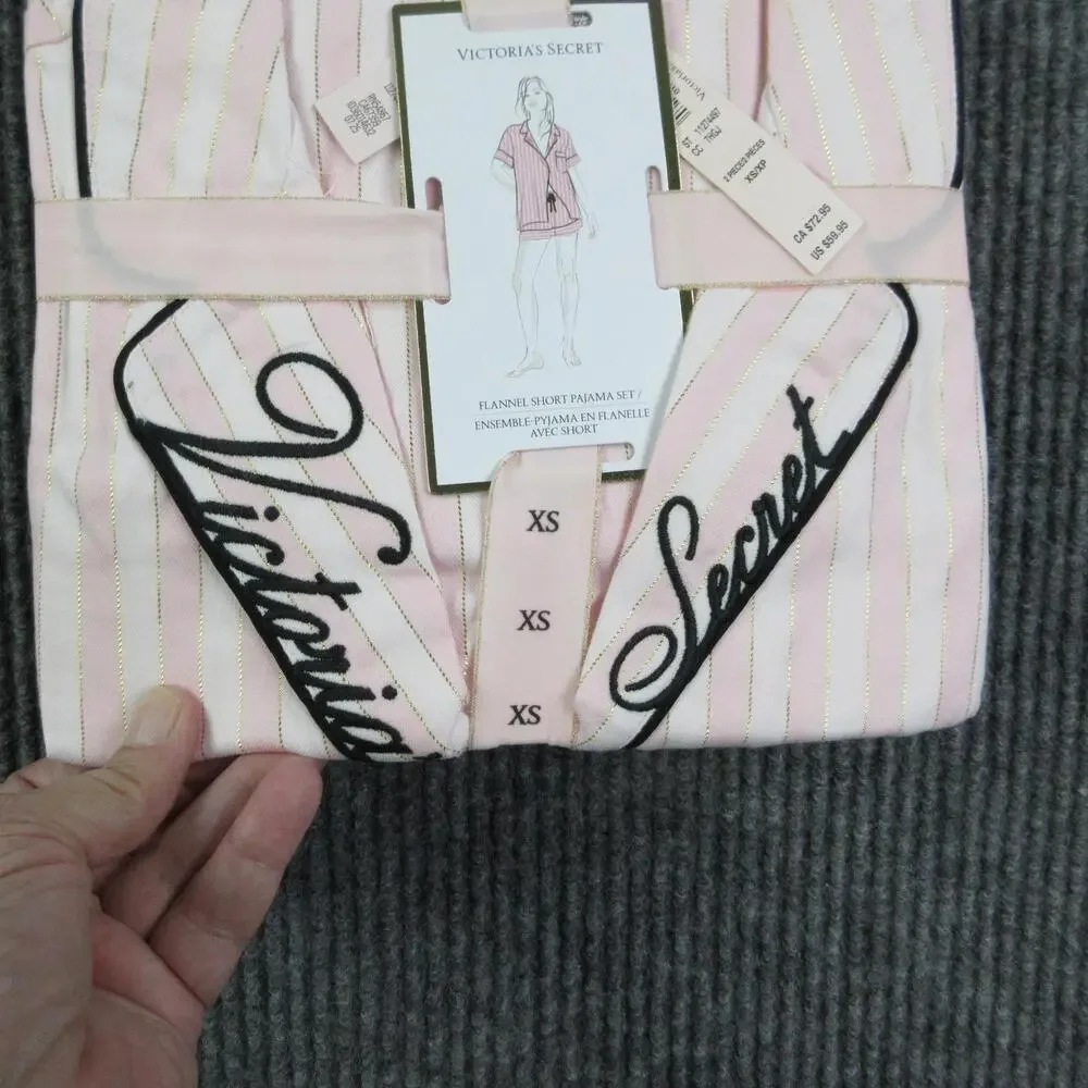 Victoria's Secret Pajama Set Womens XS Pink Striped Flannel Short Sleeve NWT